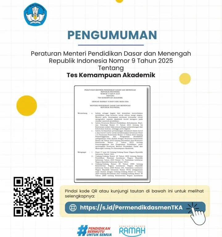 Permendikdasmen RI. Nomor 9 Tahun 2025 Tentang TES KEMAMPUAN AKADEMIK